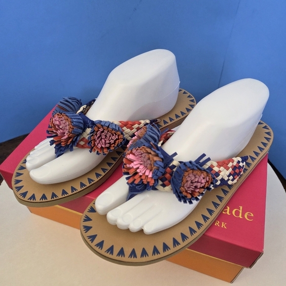 Kate Spade Idette Fringe Rosette Pom Sandal Flip Flop Blue Tangelo Tan Women’s 9 - Picture 15 of 15